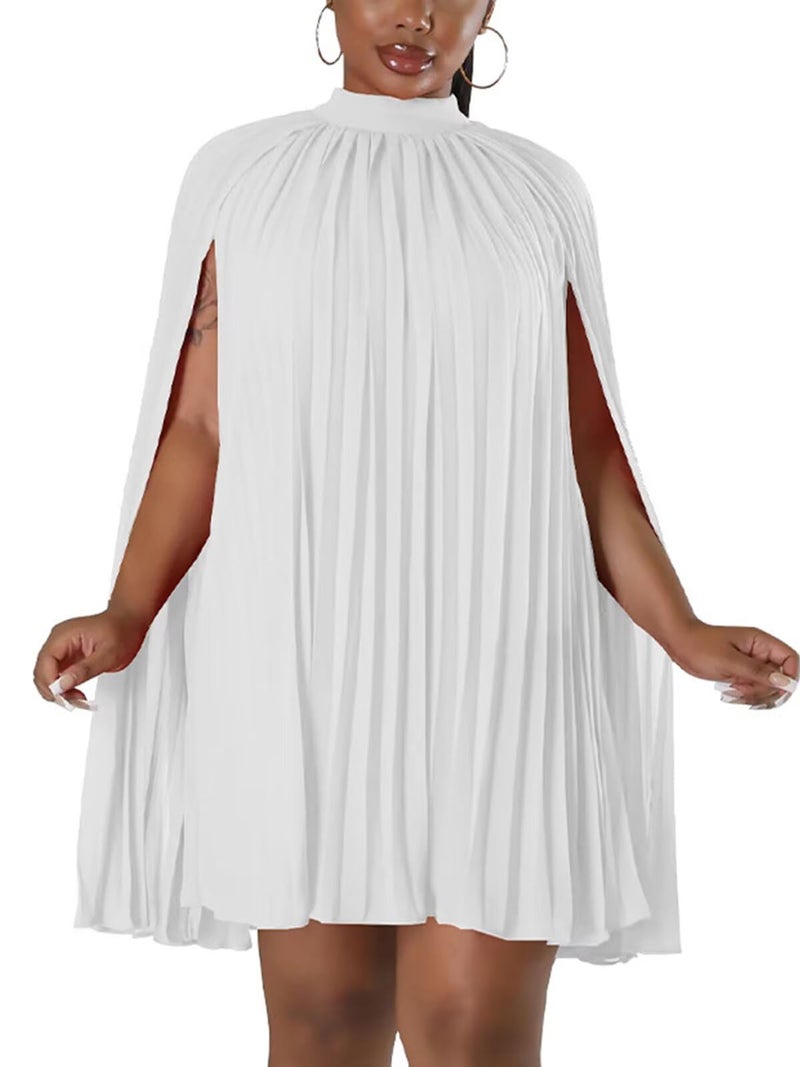 Ekaliy Womenâ€™s Casual Cape Sleeve Pleated Split Short Dress Loose Fit Cocktail Party Flowy Dress White L - Image 1