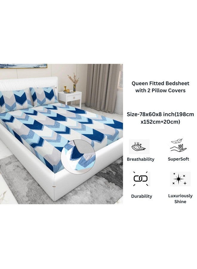 RD TREND تقدم شراشف سرير فاخرة من قطن جليسي سوبر ناعم 210 TC بحواف مرنة 360° بحجم كوين (78X60X8 بوصة) مع 2 غطاء وسادة، لون-أزرق مخطط - Image 2