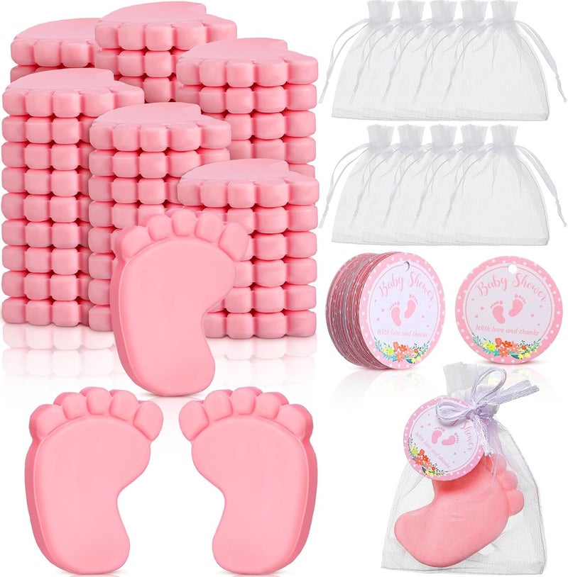 Dimsile 50 Sets Baby Shower Favors Handmade Baby Feet Scented Soap Party Favors for Guests Gifts with Organza Bags and Thanks Tags Wedding Party(Pink) - Image 1