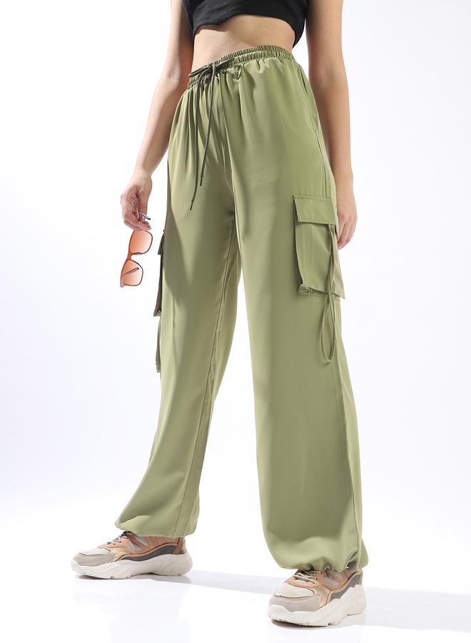 Hubberholme Green Wide Leg Trousers for Women Wide Leg Fit 95% Polyester 5% Lycra Button Closure  - Image 2