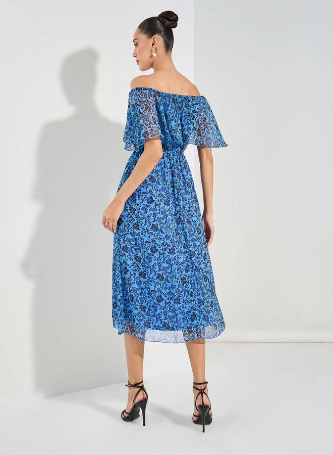 Styli All Over Print Off Shoulder Neck Midi Dress
