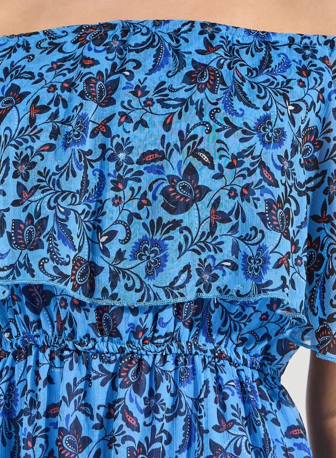 Styli All Over Print Off Shoulder Neck Midi Dress