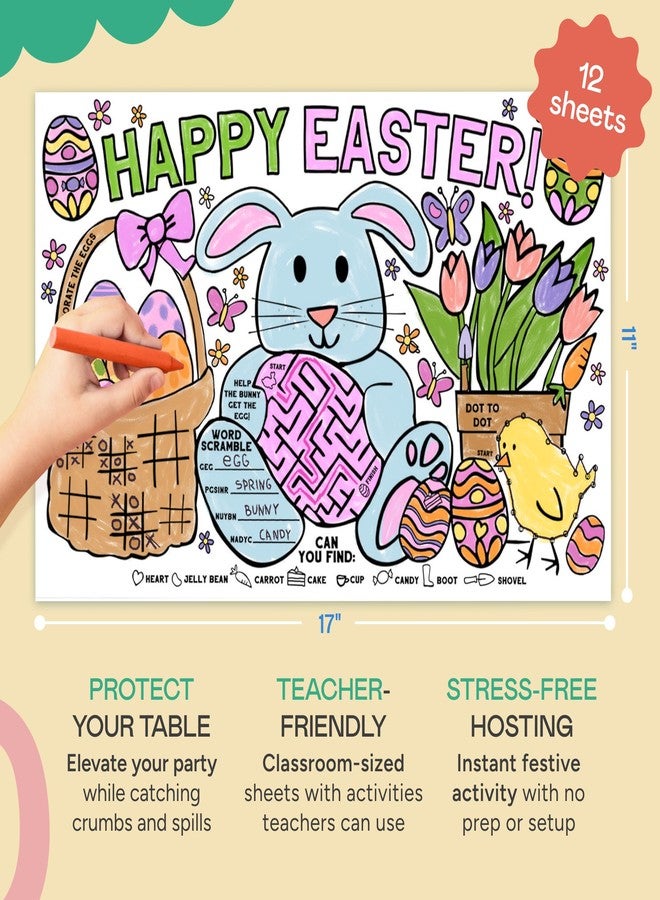 Tiny Expressions - Easter Coloring Placemats - Set of 12 Large, 11" x 17" Disposable Paper Placemats with Bunny & Egg Designs - Image 2