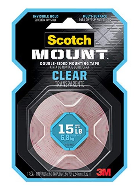 Scotch Mount Clear Tape 1 in x 60 in (2.54cm x 1.52m), 1 roll/pack | Holds 6.8 kg whole roll | Transparent color | Multi-Surface | Easy to use | No Tools | Double Sided Adhesive Tape