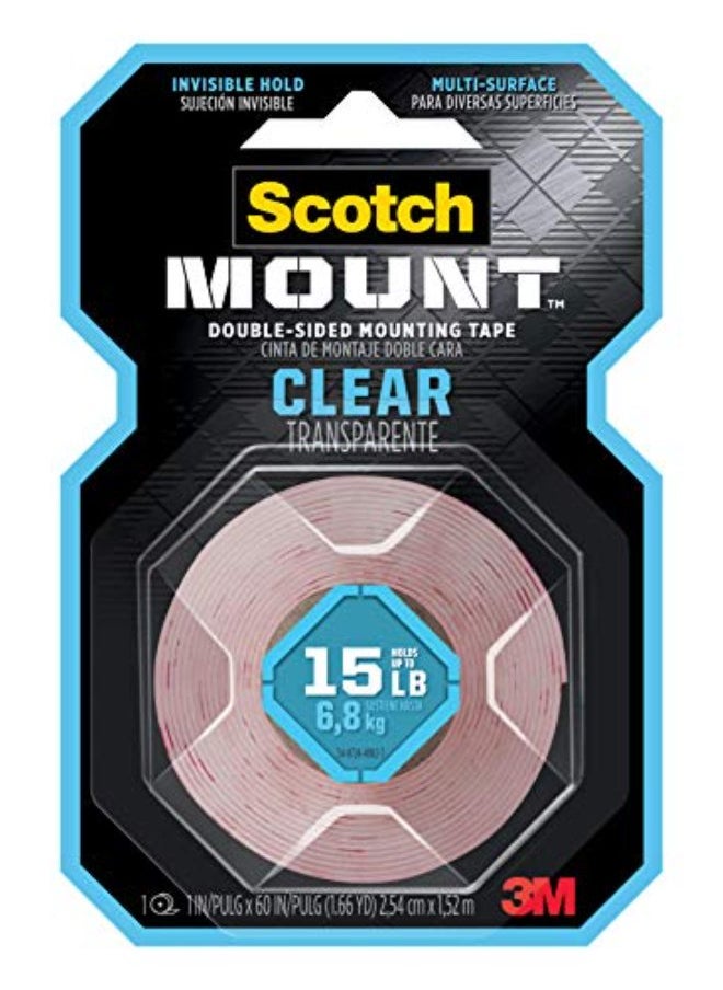 Scotch Mount Clear Tape 1 in x 60 in (2.54cm x 1.52m), 1 roll/pack | Holds 6.8 kg whole roll | Transparent color | Multi-Surface | Easy to use | No Tools | Double Sided Adhesive Tape