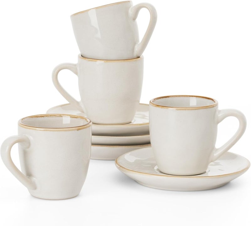 Famiware Ocean Espresso Cups with Saucers Set of 4, 3.34oz Espresso Cup Set, Coffee Mug Set for Latte, Macchiato, Stoneware Demitasse Cups Set for Cafe, Microwave&Dishwasher Safe, Cappuccino White - Image 1
