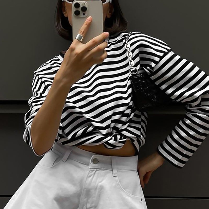 Classic Black And White Striped Long-Sleeved T-Shirt Knitted Base Shirt Women'S 2025 Loose Casual Commuting All-Match - Image 1