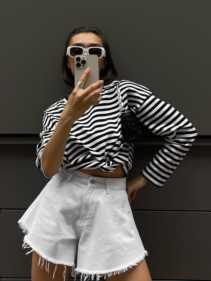 Classic Black And White Striped Long-Sleeved T-Shirt Knitted Base Shirt Women'S 2025 Loose Casual Commuting All-Match - Image 2