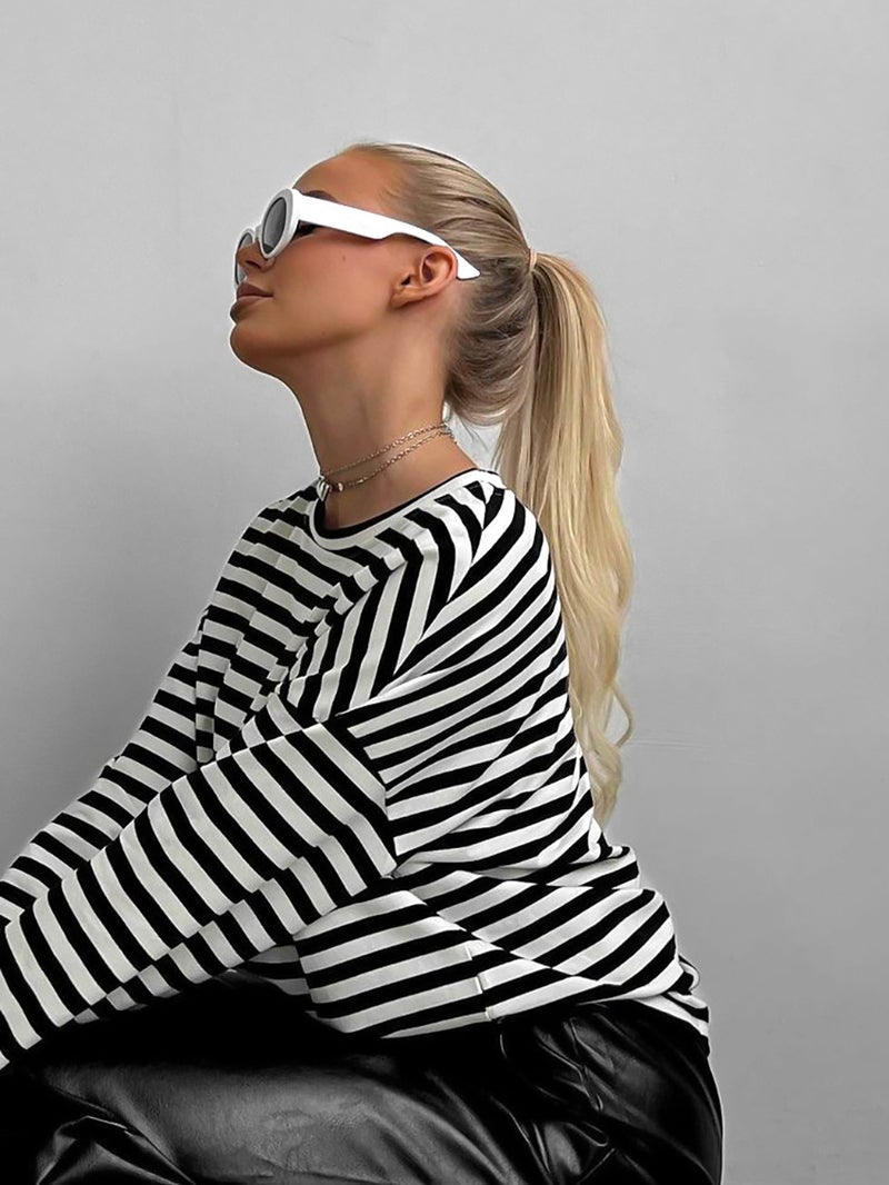 Classic Black And White Striped Long-Sleeved T-Shirt Knitted Base Shirt Women'S 2025 Loose Casual Commuting All-Match - Image 4