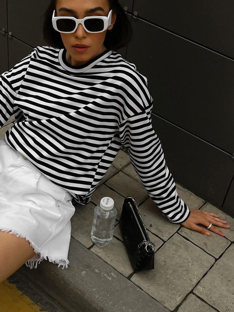 Classic Black And White Striped Long-Sleeved T-Shirt Knitted Base Shirt Women'S 2025 Loose Casual Commuting All-Match - Image 3