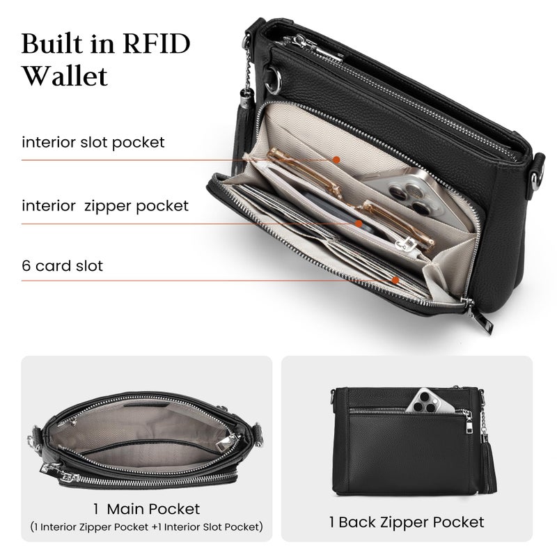 befen Anti Theft Genuine Leather Purse for Women, Black Purses with RFID Blocking, Soft Crossbody Bags for Women, Leather Purse with Built in Wallet Travel Handbags with Removable and Adjustable Strap - Image 4