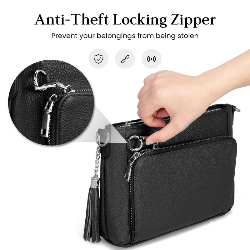 befen Anti Theft Genuine Leather Purse for Women, Black Purses with RFID Blocking, Soft Crossbody Bags for Women, Leather Purse with Built in Wallet Travel Handbags with Removable and Adjustable Strap - Image 3