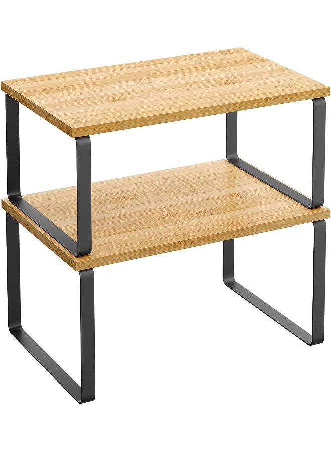 SONGMICS Cabinet Organizer Shelf, Set of 2 Kitchen Counter Shelves, Stackable, Expandable, Metal and Engineered Wood, Black and Natural  - Image 4