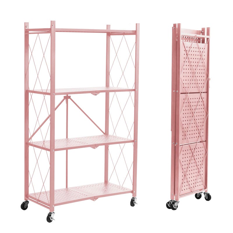 BRIAN & DANY 4-Tier Foldable Storage Shelves with Wheels, Folding Metal Rack Shelving Unit, Heavy Duty No Assembly Organizer Shelf for Garage, Kitchen, Basement, Pantry, Pink - Image 1