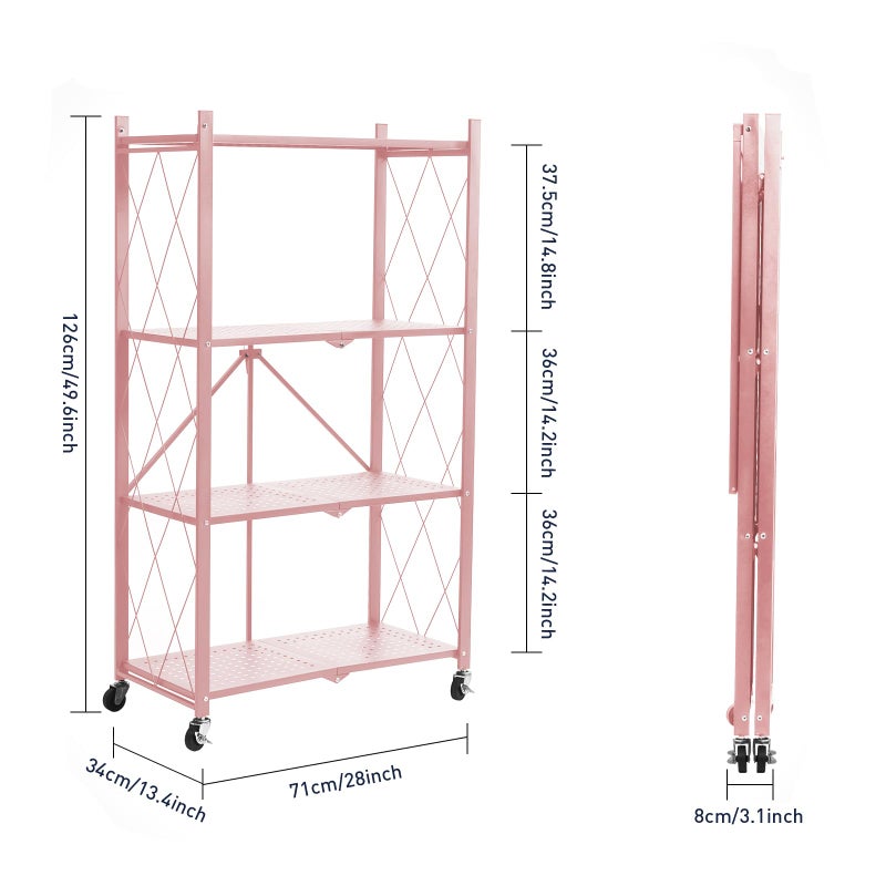 BRIAN & DANY 4-Tier Foldable Storage Shelves with Wheels, Folding Metal Rack Shelving Unit, Heavy Duty No Assembly Organizer Shelf for Garage, Kitchen, Basement, Pantry, Pink - Image 4