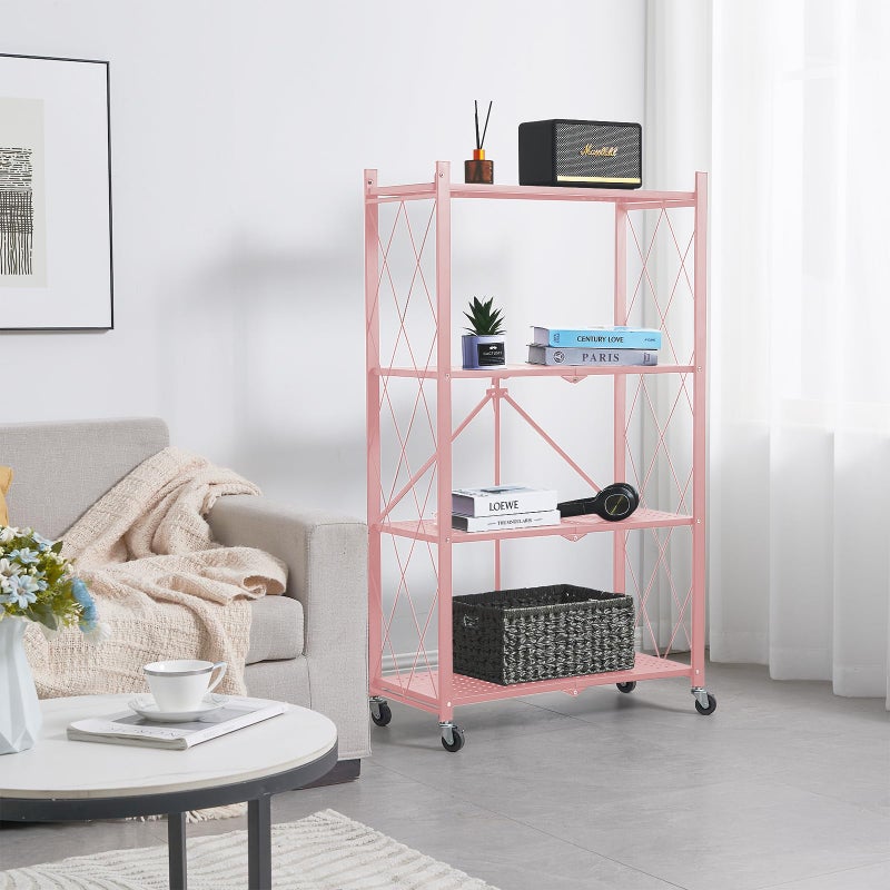 BRIAN & DANY 4-Tier Foldable Storage Shelves with Wheels, Folding Metal Rack Shelving Unit, Heavy Duty No Assembly Organizer Shelf for Garage, Kitchen, Basement, Pantry, Pink - Image 5