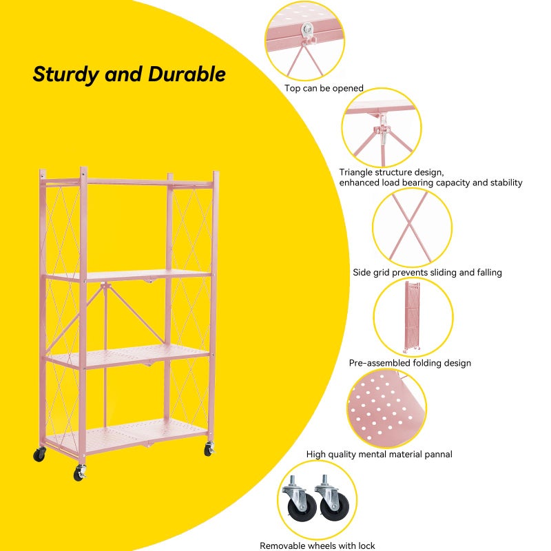 BRIAN & DANY 4-Tier Foldable Storage Shelves with Wheels, Folding Metal Rack Shelving Unit, Heavy Duty No Assembly Organizer Shelf for Garage, Kitchen, Basement, Pantry, Pink - Image 2