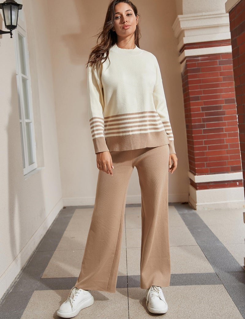 Tanming Women's Lounge Sets 2 Piece Outfits Knitted Pullover Sweater Tops Wide Leg Pants Tracksuit (LightKhaki-L) - Image 2
