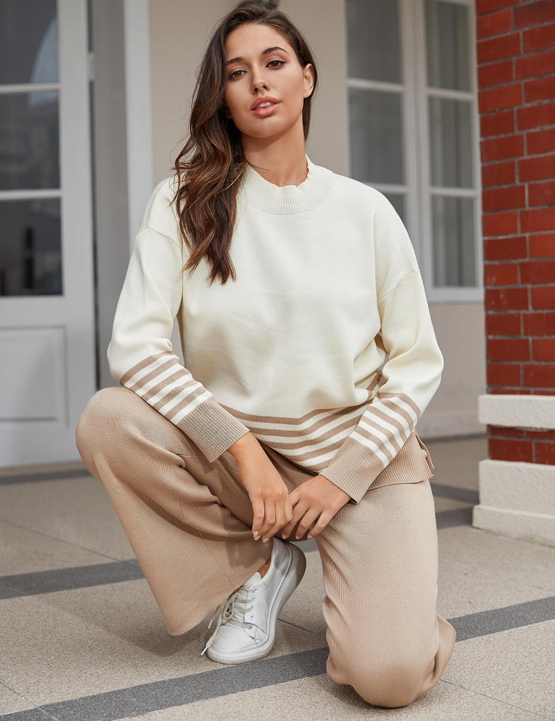 Tanming Women's Lounge Sets 2 Piece Outfits Knitted Pullover Sweater Tops Wide Leg Pants Tracksuit (LightKhaki-L) - Image 5