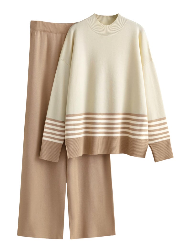 Tanming Women's Lounge Sets 2 Piece Outfits Knitted Pullover Sweater Tops Wide Leg Pants Tracksuit (LightKhaki-L) - Image 1