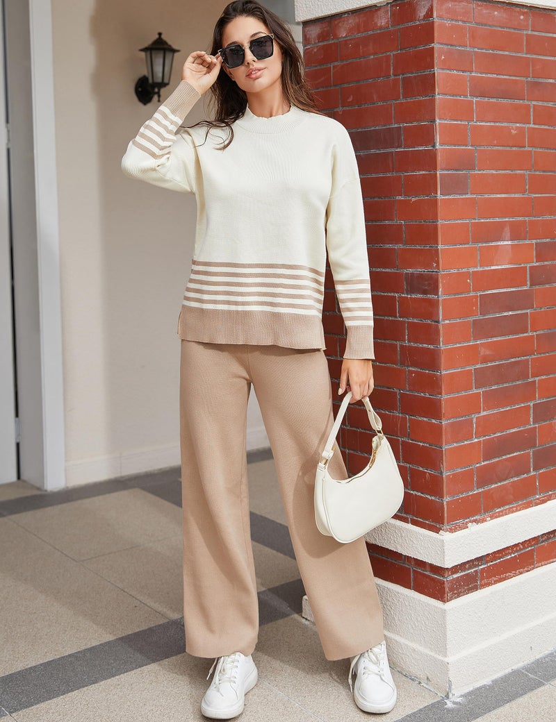 Tanming Women's Lounge Sets 2 Piece Outfits Knitted Pullover Sweater Tops Wide Leg Pants Tracksuit (LightKhaki-L) - Image 3