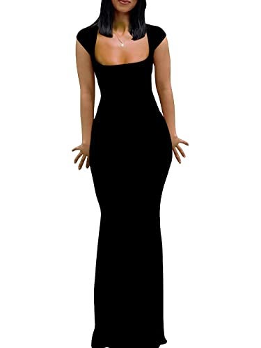 Mokayee Black Dresses for Womens 2025 Summer Y2K Sexy Bodycon Maxi Cap Sleeve Tight Lounge Fitted Evening Party Wedding Guest Long Formal Dress M - Image 1