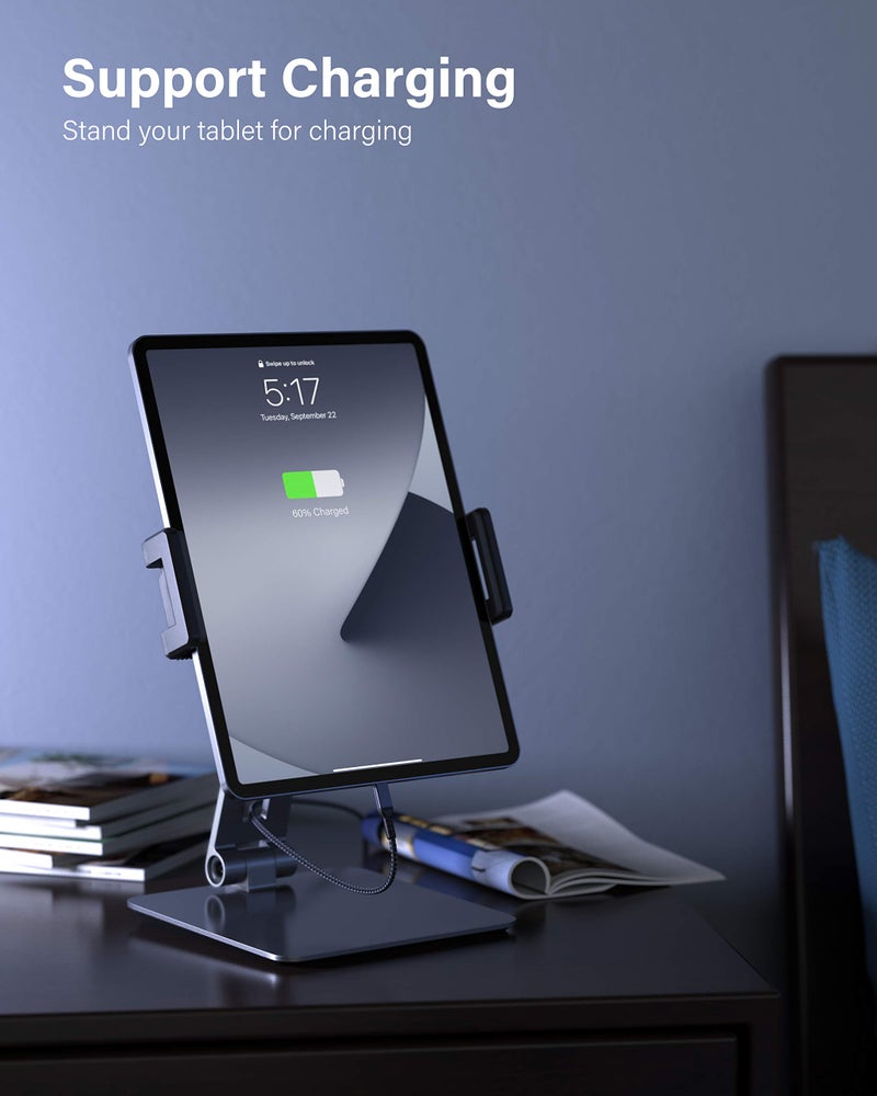Maxonar iPad Stand Holder, Heavy-Duty Aluminum Alloy Tablet Stand, 360Â° Swivel Foldable iPad Pro Air Charging Stand Holder for Desk Bed Store POS Showcase Reception Kitchen Office (6-13''), Grey - Image 5