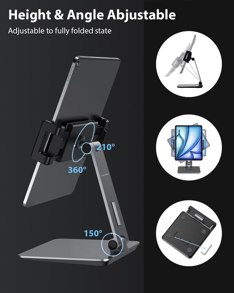 Maxonar iPad Stand Holder, Heavy-Duty Aluminum Alloy Tablet Stand, 360Â° Swivel Foldable iPad Pro Air Charging Stand Holder for Desk Bed Store POS Showcase Reception Kitchen Office (6-13''), Grey - Image 3