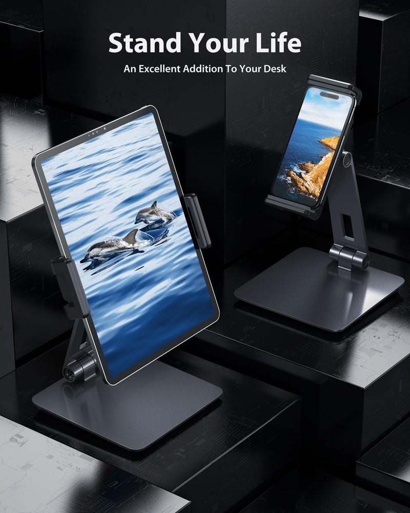 Maxonar iPad Stand Holder, Heavy-Duty Aluminum Alloy Tablet Stand, 360Â° Swivel Foldable iPad Pro Air Charging Stand Holder for Desk Bed Store POS Showcase Reception Kitchen Office (6-13''), Grey - Image 2