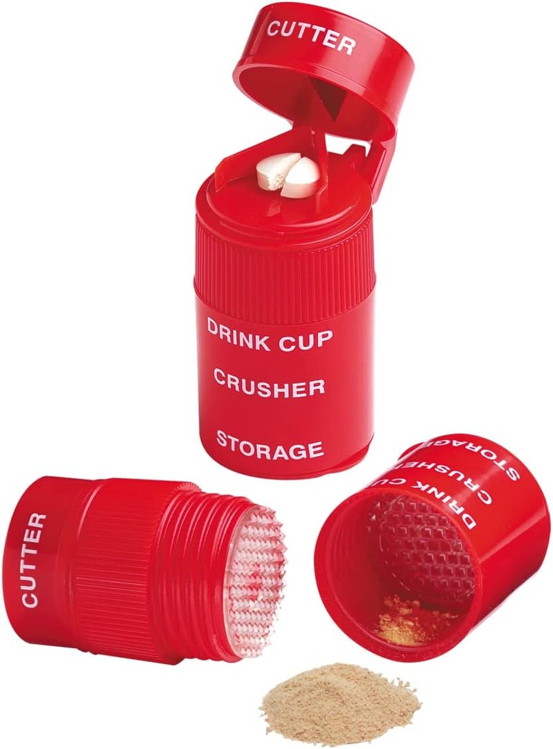 EZY DOSE 3 Compartment Pill Crusher, Cutter and Grinder, Daily Usage, Safely Cut Pills, Vitamins, Tablets, Accurate and Easy Cutting, Stainless Steel Blade, Removable Drinking Cup, Red, BPA Free