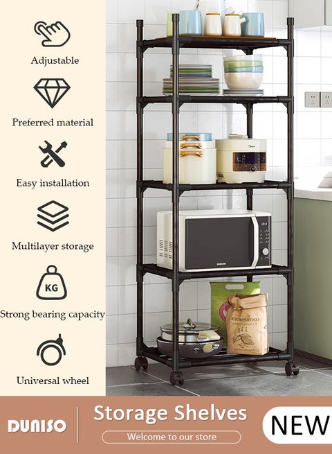 5 Tier Storage Shelves, Stable Kitchen Shelf Organizer, Storage Rack with Wheels, Removable Free Standing Rack with Hooks, Multipurpose Rack, Shelving Unit for Warehouse Basement Kitchen Living Room pantry