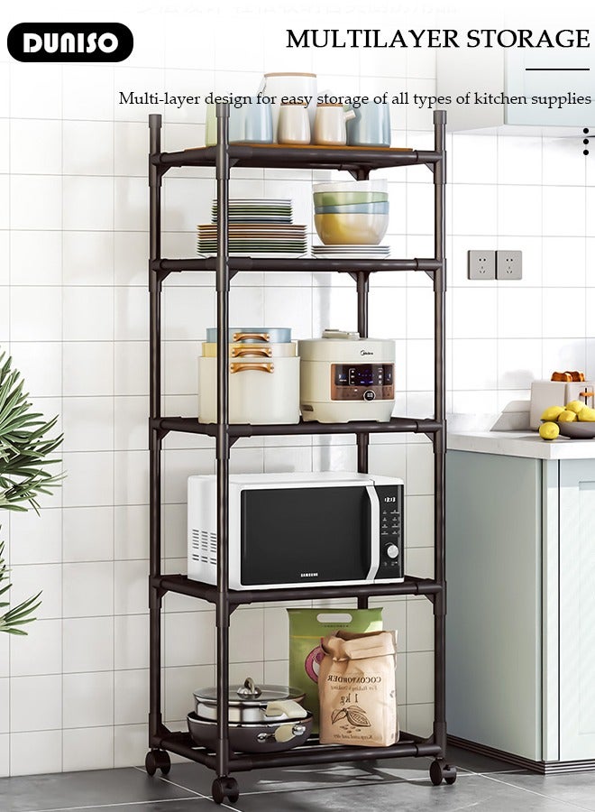 DUNISO 5 Tier Storage Shelves, Stable Kitchen Shelf Organizer, Storage Rack with Wheels, Removable Free Standing Rack with Hooks, Multipurpose Rack, Shelving Unit for Warehouse Basement Kitchen Living Room pantry - Image 3
