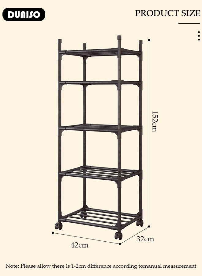 DUNISO 5 Tier Storage Shelves, Stable Kitchen Shelf Organizer, Storage Rack with Wheels, Removable Free Standing Rack with Hooks, Multipurpose Rack, Shelving Unit for Warehouse Basement Kitchen Living Room pantry - Image 4