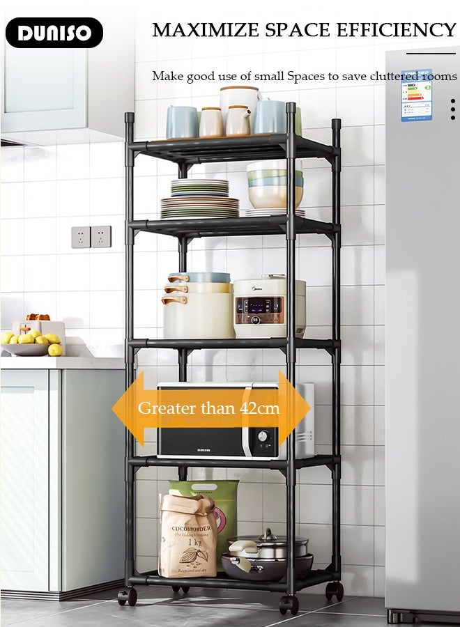 DUNISO 5 Tier Storage Shelves, Stable Kitchen Shelf Organizer, Storage Rack with Wheels, Removable Free Standing Rack with Hooks, Multipurpose Rack, Shelving Unit for Warehouse Basement Kitchen Living Room pantry - Image 5