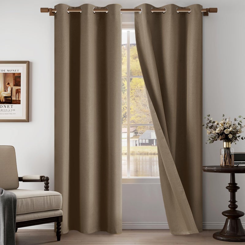 OYRING 100% Blackout Linen Textured Curtains 95 Inch Length 2 Panels Set for Living Room, Bedroom, Light Weight Curtains with Grommets Top, Full Blackout Curtains Privacy Protection, Brown, 52" W x 95" L - Image 1
