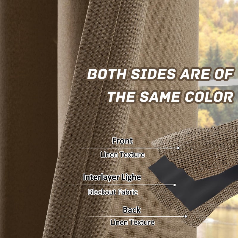 OYRING 100% Blackout Linen Textured Curtains 95 Inch Length 2 Panels Set for Living Room, Bedroom, Light Weight Curtains with Grommets Top, Full Blackout Curtains Privacy Protection, Brown, 52" W x 95" L - Image 5