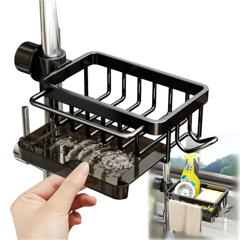 GCFTIFF Sink Organizer Rack for Kitchen and Bathroom, 2025 New Stainless Steel Detachable Hanging Faucet Drain Rack with Drip Tray Faucet Sponge Holder for Bathroom (Black, Right) - Image 1