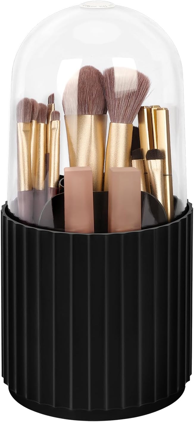 JessLab JessLab Makeup Brush Holder Organizer with Lid, 360 Degree Rotatable Makeup Brush Organizer Spinning Cosmetics Holders Brush Storage Box Display for Bathroom Vanity Countertop, Black 