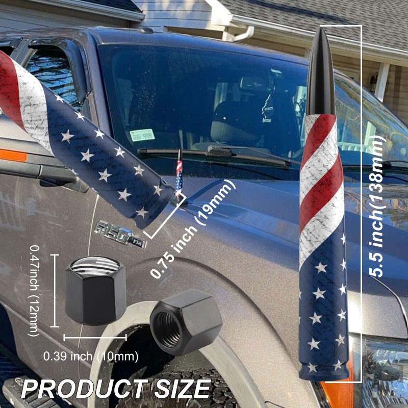 Engirette Car Truck Bullet Antenna Replacement Mast with Valve Stem Caps American Flag Style for GMC Sierra Chevy Silverado Dodge Ram 1500 2500 3500 Ford F150 F250 F350 Super Duty Raptor Accessories, Black - Image 2