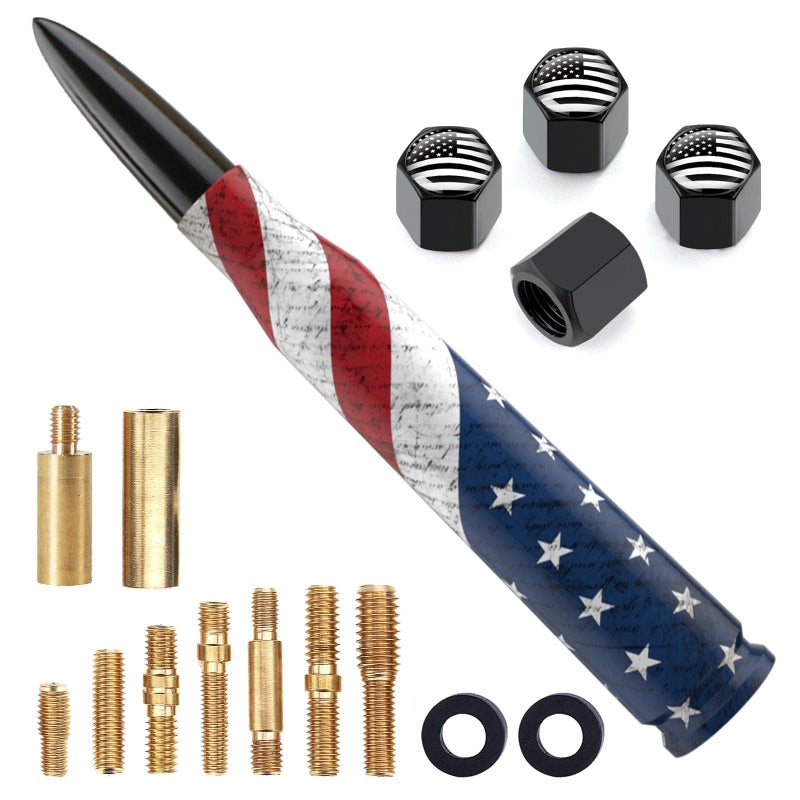 Engirette Car Truck Bullet Antenna Replacement Mast with Valve Stem Caps American Flag Style for GMC Sierra Chevy Silverado Dodge Ram 1500 2500 3500 Ford F150 F250 F350 Super Duty Raptor Accessories, Black - Image 1