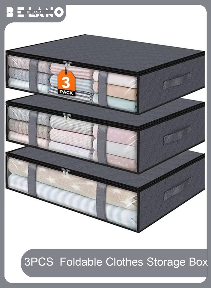 BELANO Under Bed Storage Bins 40L 60×45×15cm Foldable Wardrobes with Transparent Window Handles 3 Pack Grey - Image 1