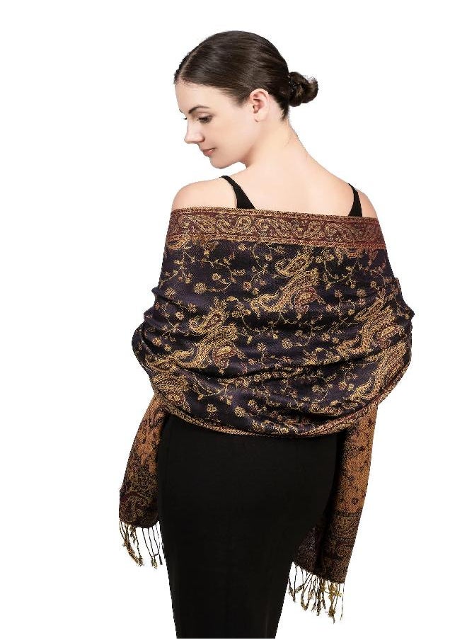 Achillea Achillea Soft Silky Reversible Paisley Pashmina Shawl Wrap Scarf w/Fringes (Navy) 