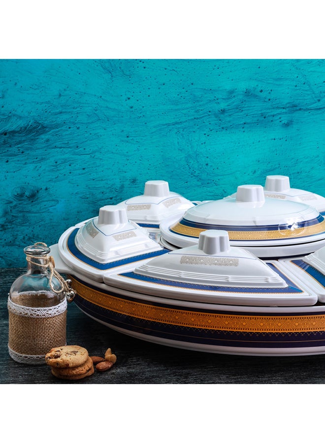 Royalford Revolving Serving Tray 10" Side Serving Bowls With Lid x6 10" Round Center Bowl With Lid x1 22.5" Round Tray 1 pc 360 Drgee Roating Base Blue/White/Beige 35cm - Image 4