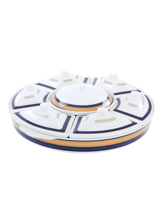 Royalford Revolving Serving Tray 10" Side Serving Bowls With Lid x6 10" Round Center Bowl With Lid x1 22.5" Round Tray 1 pc 360 Drgee Roating Base Blue/White/Beige 35cm - Image 1