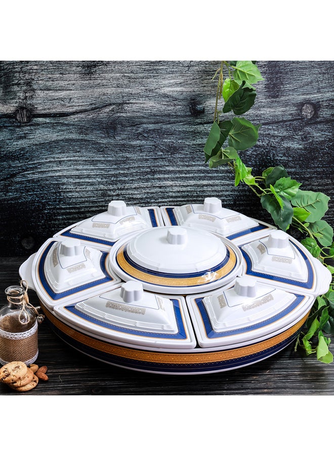 Royalford Revolving Serving Tray 10" Side Serving Bowls With Lid x6 10" Round Center Bowl With Lid x1 22.5" Round Tray 1 pc 360 Drgee Roating Base Blue/White/Beige 35cm - Image 3