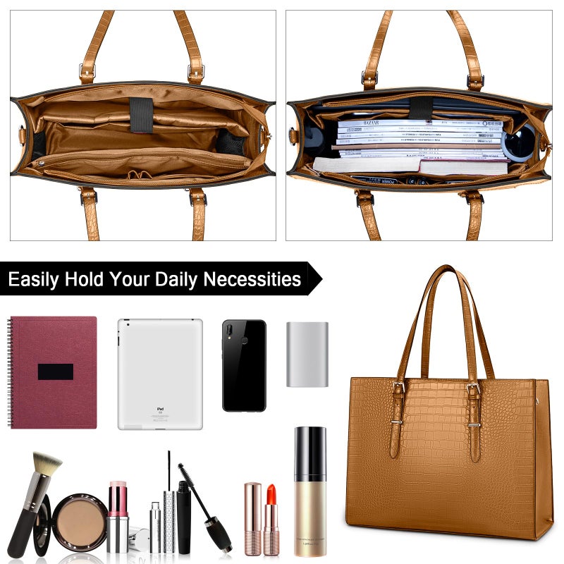 Lubardy Laptop Bag for Women 15.6 Inch Laptop Tote Bag Leather Classy Computer Briefcase for Work Waterproof Handbag Professional Shoulder Bag Women Business Office Bag Large Capacity(Brown) - Image 2