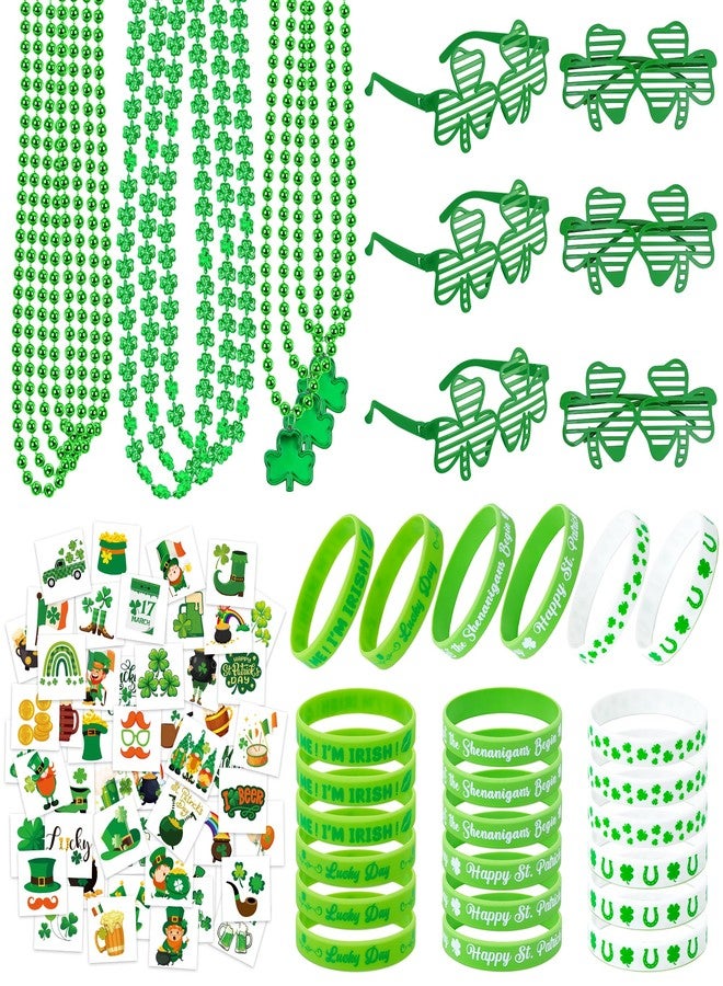 EOBOH 100PCS St. Patrick's Day Accessories, St. Patrick's Day Glasses Bracelets Tattoos Beads, Irish Glasses Bracelets Tattoos Beads Stuff, Shamrock Saint Patricks Parade Throw Party Favor Decorations - Image 1