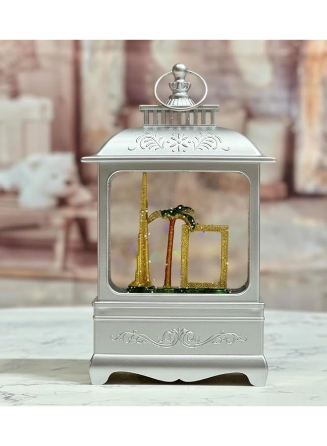 DYD Dubai Globe Lantern – Flat LED Water Globe with Dubai Frame, Burjkhalifa & Palm Tree | Ambient Light for Home Decor, Office, Souvenir or Gift Silver, GMXDB003-11 By DYD Delights - Image 2