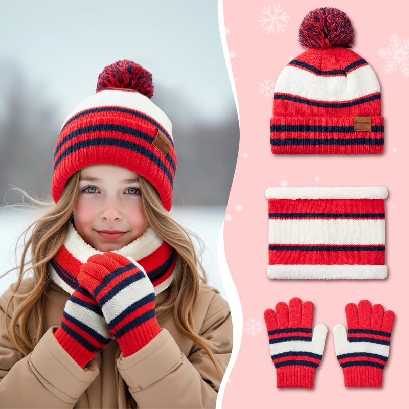 Bessteven Kids Winter Hat Gloves Scarf Set: Girls Boys Beanie Hats Scarves Gloves Set with Thick Warm Fleece Lined For Ages 6-10 Grandson Christmas Birthday Gift - Red - Image 2
