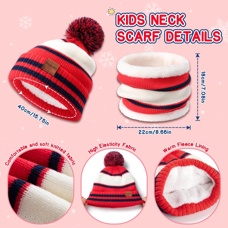 Bessteven Kids Winter Hat Gloves Scarf Set: Girls Boys Beanie Hats Scarves Gloves Set with Thick Warm Fleece Lined For Ages 6-10 Grandson Christmas Birthday Gift - Red - Image 3